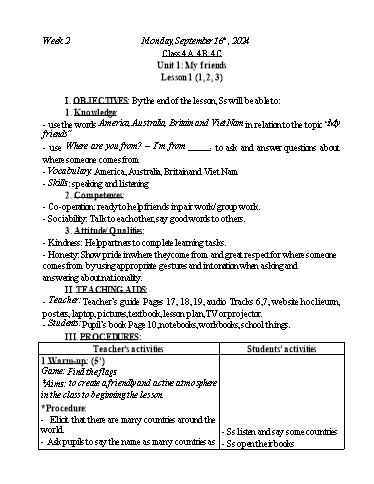 Kế hoạch bài dạy Tiếng Anh Lớp 2+3+4 - Tuần 2 - Năm học 2024-2025 - Nguyễn Thị Mỹ Hiền