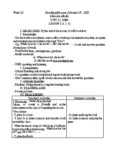 Kế hoạch bài dạy Tiếng Anh Lớp 2+3+4 - Tuần 22 - Năm học 2024-2025 - Nguyễn Thị Mỹ Hiền