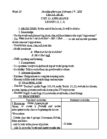 Kế hoạch bài dạy Tiếng Anh Lớp 2+3+4 - Tuần 23 - Năm học 2024-2025 - Nguyễn Thị Mỹ Hiền