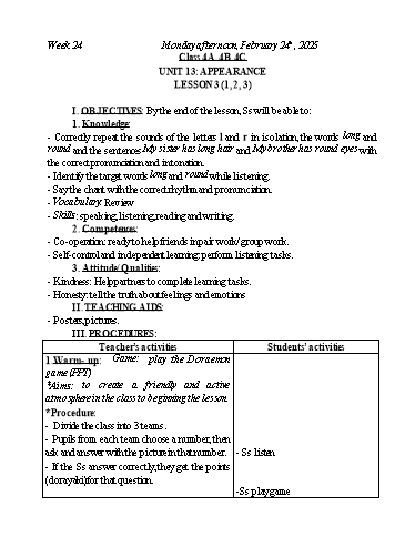 Kế hoạch bài dạy Tiếng Anh Lớp 2+3+4 - Tuần 24 - Năm học 2024-2025 - Nguyễn Thị Mỹ Hiền