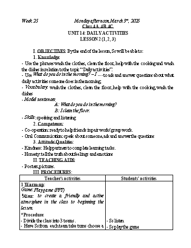 Kế hoạch bài dạy Tiếng Anh Lớp 2+3+4 - Tuần 25 - Năm học 2024-2025 - Nguyễn Thị Mỹ Hiền