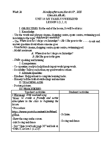 Kế hoạch bài dạy Tiếng Anh Lớp 2+3+4 - Tuần 26 - Năm học 2024-2025 - Nguyễn Thị Mỹ Hiền