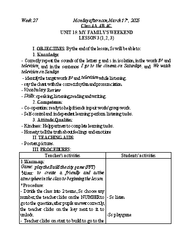 Kế hoạch bài dạy Tiếng Anh Lớp 2+3+4 - Tuần 27 - Năm học 2024-2025 - Nguyễn Thị Mỹ Hiền