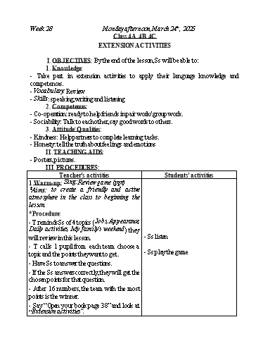 Kế hoạch bài dạy Tiếng Anh Lớp 2+3+4 - Tuần 28 - Năm học 2024-2025 - Nguyễn Thị Mỹ Hiền