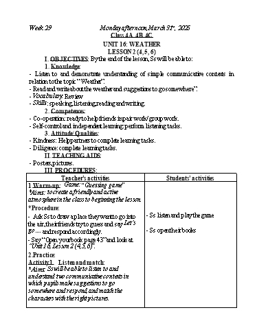 Kế hoạch bài dạy Tiếng Anh Lớp 2+3+4 - Tuần 29 - Năm học 2024-2025 - Nguyễn Thị Mỹ Hiền