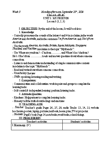 Kế hoạch bài dạy Tiếng Anh Lớp 2+3+4 - Tuần 3 - Năm học 2024-2025 - Nguyễn Thị Mỹ Hiền