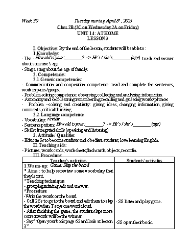 Kế hoạch bài dạy Tiếng Anh Lớp 2+3+4 - Tuần 30 - Năm học 2024-2025 - Nguyễn Thị Mỹ Hiền