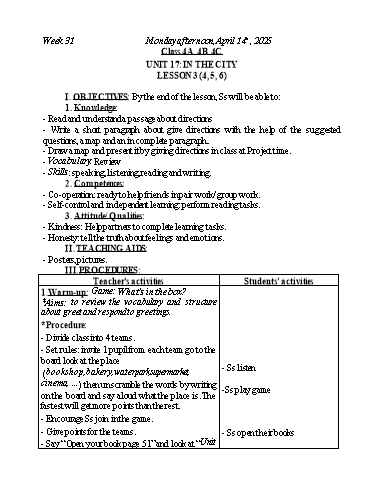 Kế hoạch bài dạy Tiếng Anh Lớp 2+3+4 - Tuần 31 - Năm học 2024-2025 - Nguyễn Thị Mỹ Hiền