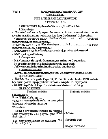 Kế hoạch bài dạy Tiếng Anh Lớp 2+3+4 - Tuần 4 - Năm học 2024-2025 - Nguyễn Thị Mỹ Hiền