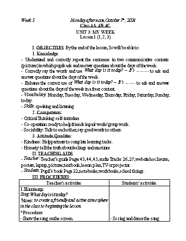 Kế hoạch bài dạy Tiếng Anh Lớp 2+3+4 - Tuần 5 - Năm học 2024-2025 - Nguyễn Thị Mỹ Hiền
