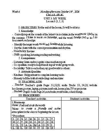 Kế hoạch bài dạy Tiếng Anh Lớp 2+3+4 - Tuần 6 - Năm học 2024-2025 - Nguyễn Thị Mỹ Hiền