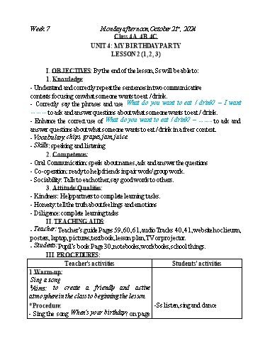 Kế hoạch bài dạy Tiếng Anh Lớp 2+3+4 - Tuần 7 - Năm học 2024-2025 - Nguyễn Thị Mỹ Hiền