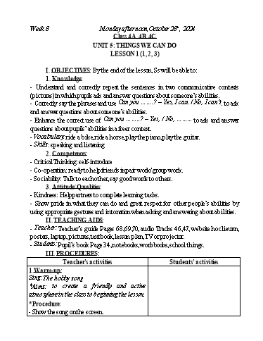 Kế hoạch bài dạy Tiếng Anh Lớp 2+3+4 - Tuần 8 - Năm học 2024-2025 - Nguyễn Thị Mỹ Hiền