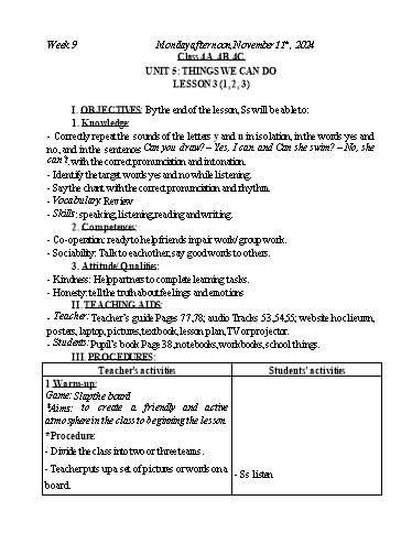 Kế hoạch bài dạy Tiếng Anh Lớp 2+3+4 - Tuần 9 - Năm học 2024-2025 - Nguyễn Thị Mỹ Hiền