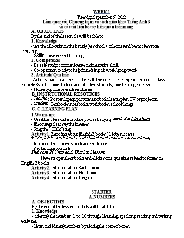 Kế hoạch bài dạy Tiếng Anh Lớp 3 - Tuần 1 - Năm học 2022-2023 - Nguyễn Thị Hồng Thắm