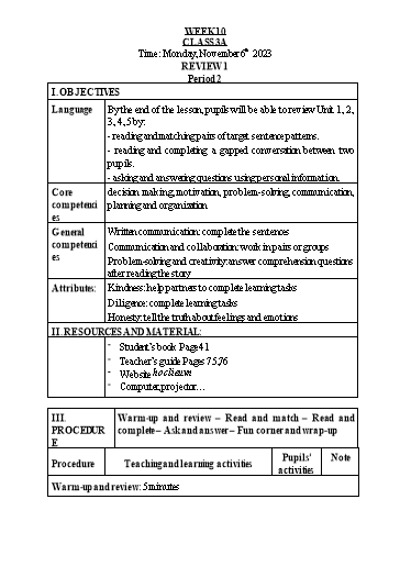Kế hoạch bài dạy Tiếng Anh Lớp 3 - Tuần 10 - Năm học 2023-2024 - Nguyễn Thị Hồng Thắm