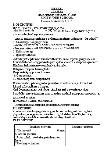 Kế hoạch bài dạy Tiếng Anh Lớp 3 - Tuần 11 - Năm học 2023-2024 - Nguyễn Thị Hồng Thắm