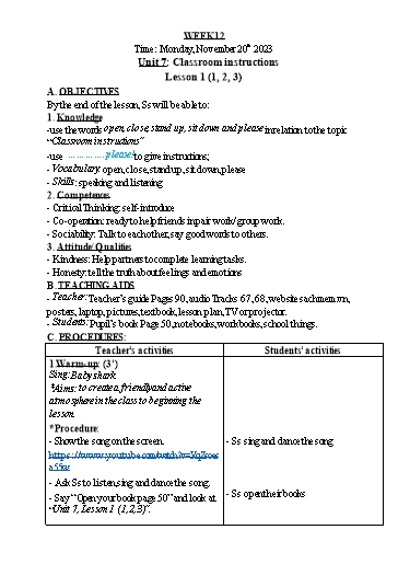 Kế hoạch bài dạy Tiếng Anh Lớp 3 - Tuần 12 - Năm học 2023-2024 - Nguyễn Thị Hồng Thắm