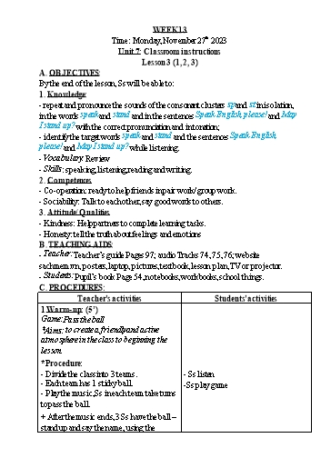 Kế hoạch bài dạy Tiếng Anh Lớp 3 - Tuần 13 - Năm học 2023-2024 - Nguyễn Thị Hồng Thắm