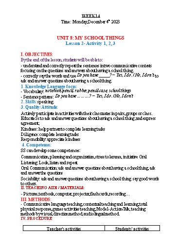 Kế hoạch bài dạy Tiếng Anh Lớp 3 - Tuần 14 - Năm học 2023-2024 - Nguyễn Thị Hồng Thắm