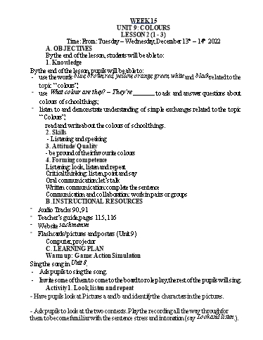 Kế hoạch bài dạy Tiếng Anh Lớp 3 - Tuần 15 - Năm học 2022-2023 - Nguyễn Thị Hồng Thắm
