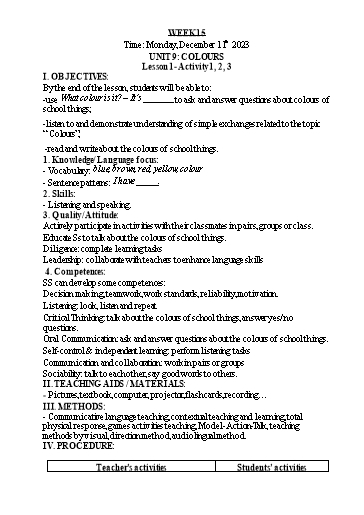 Kế hoạch bài dạy Tiếng Anh Lớp 3 - Tuần 15 - Năm học 2023-2024 - Nguyễn Thị Hồng Thắm