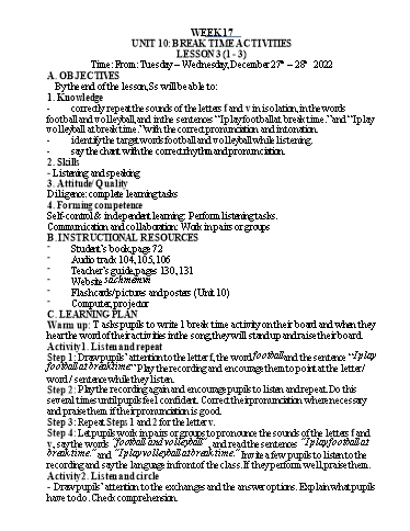 Kế hoạch bài dạy Tiếng Anh Lớp 3 - Tuần 17 - Năm học 2022-2023 - Nguyễn Thị Hồng Thắm