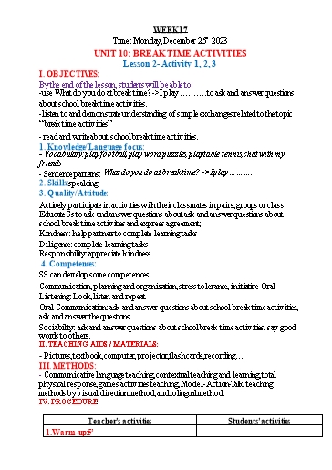 Kế hoạch bài dạy Tiếng Anh Lớp 3 - Tuần 17 - Năm học 2023-2024 - Nguyễn Thị Hồng Thắm