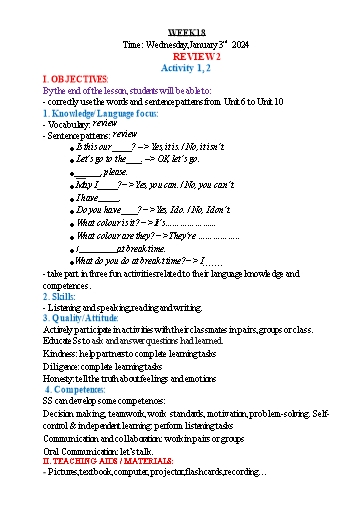 Kế hoạch bài dạy Tiếng Anh Lớp 3 - Tuần 18 - Năm học 2023-2024 - Nguyễn Thị Hồng Thắm