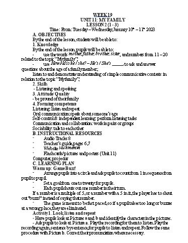 Kế hoạch bài dạy Tiếng Anh Lớp 3 - Tuần 19 - Năm học 2022-2023 - Nguyễn Thị Hồng Thắm