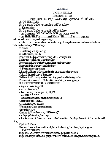 Kế hoạch bài dạy Tiếng Anh Lớp 3 - Tuần 2 - Năm học 2022-2023 - Nguyễn Thị Hồng Thắm