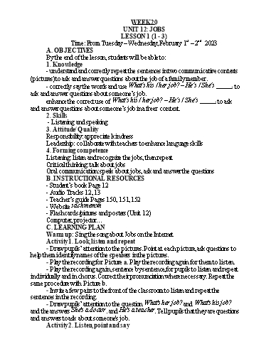 Kế hoạch bài dạy Tiếng Anh Lớp 3 - Tuần 20 - Năm học 2022-2023 - Nguyễn Thị Hồng Thắm