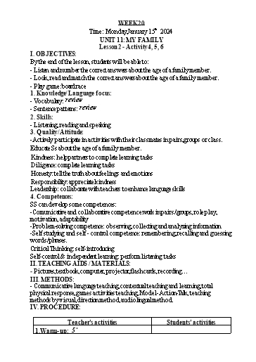 Kế hoạch bài dạy Tiếng Anh Lớp 3 - Tuần 20 - Năm học 2023-2024 - Nguyễn Thị Hồng Thắm