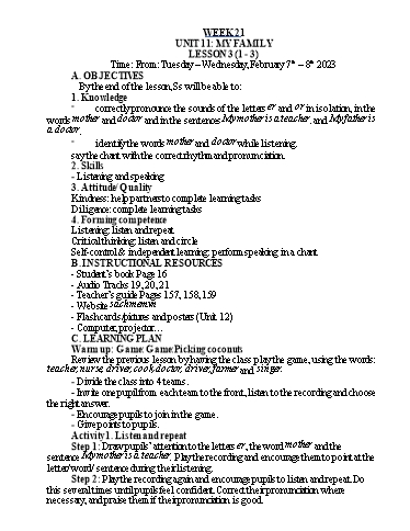 Kế hoạch bài dạy Tiếng Anh Lớp 3 - Tuần 21 - Năm học 2022-2023 - Nguyễn Thị Hồng Thắm