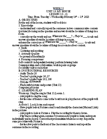 Kế hoạch bài dạy Tiếng Anh Lớp 3 - Tuần 22 - Năm học 2022-2023 - Nguyễn Thị Hồng Thắm