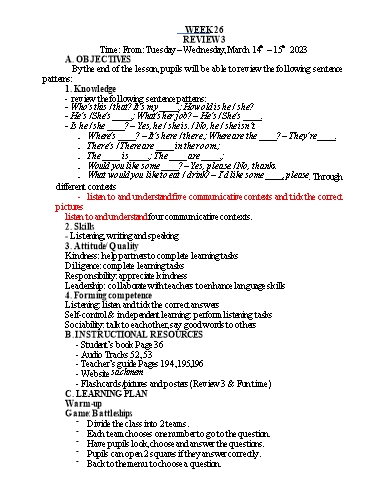 Kế hoạch bài dạy Tiếng Anh Lớp 3 - Tuần 26 - Năm học 2022-2023 - Nguyễn Thị Hồng Thắm