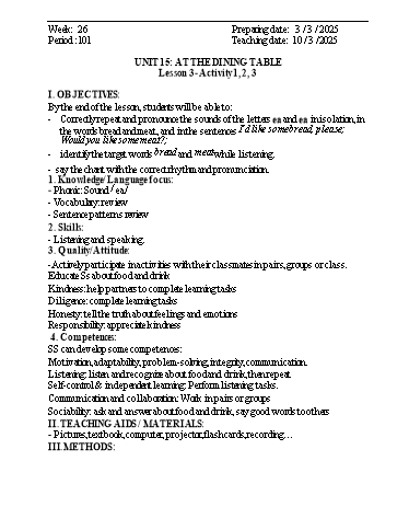 Kế hoạch bài dạy Tiếng Anh Lớp 3 - Tuần 26 - Năm học 2024-2025 - Phan Thị Phương Anh