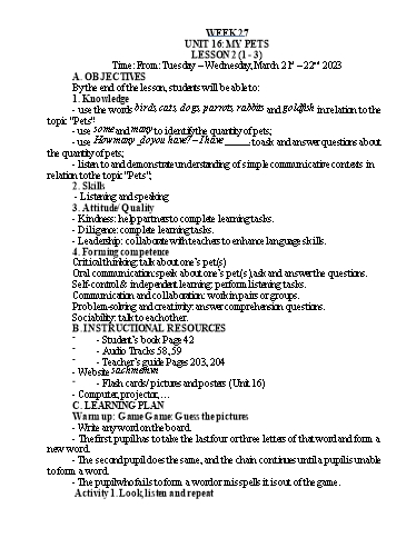 Kế hoạch bài dạy Tiếng Anh Lớp 3 - Tuần 27 - Năm học 2022-2023 - Nguyễn Thị Hồng Thắm