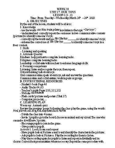 Kế hoạch bài dạy Tiếng Anh Lớp 3 - Tuần 28 - Năm học 2022-2023 - Nguyễn Thị Hồng Thắm