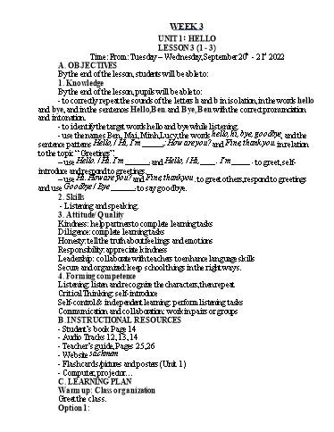 Kế hoạch bài dạy Tiếng Anh Lớp 3 - Tuần 3 - Năm học 2022-2023 - Nguyễn Thị Hồng Thắm