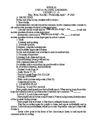 Kế hoạch bài dạy Tiếng Anh Lớp 3 - Tuần 30 - Năm học 2022-2023 - Nguyễn Thị Hồng Thắm