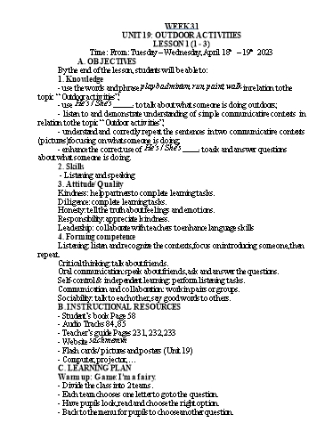 Kế hoạch bài dạy Tiếng Anh Lớp 3 - Tuần 31 - Năm học 2022-2023 - Nguyễn Thị Hồng Thắm