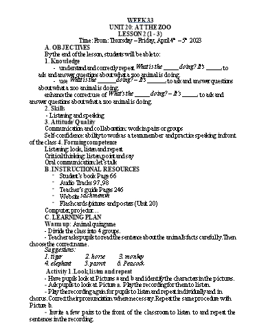Kế hoạch bài dạy Tiếng Anh Lớp 3 - Tuần 33 - Năm học 2022-2023 - Nguyễn Thị Hồng Thắm