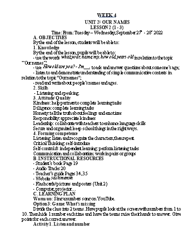 Kế hoạch bài dạy Tiếng Anh Lớp 3 - Tuần 4 - Năm học 2022-2023 - Nguyễn Thị Hồng Thắm
