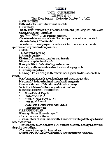 Kế hoạch bài dạy Tiếng Anh Lớp 3 - Tuần 5 - Năm học 2022-2023 - Nguyễn Thị Hồng Thắm