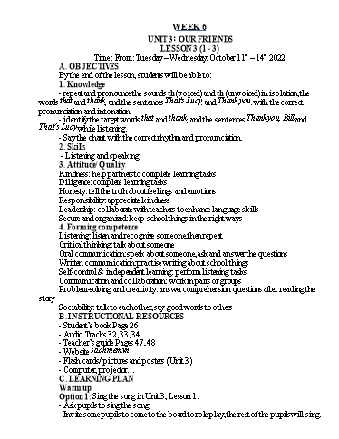 Kế hoạch bài dạy Tiếng Anh Lớp 3 - Tuần 6 - Năm học 2022-2023 - Nguyễn Thị Hồng Thắm