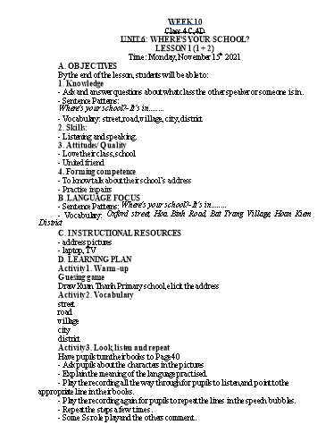 Kế hoạch bài dạy Tiếng Anh Lớp 4 - Tuần 10 - Năm học 2021-2022 - Nguyễn Thị Hồng Thắm