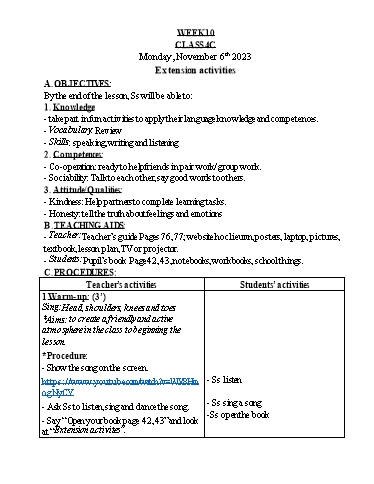 Kế hoạch bài dạy Tiếng Anh Lớp 4 - Tuần 10 - Năm học 2023-2024 - Nguyễn Thị Hồng Thắm