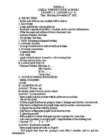 Kế hoạch bài dạy Tiếng Anh Lớp 4 - Tuần 11 - Năm học 2021-2022 - Nguyễn Thị Hồng Thắm