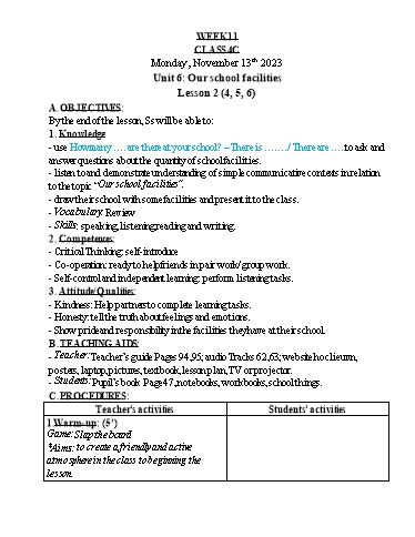 Kế hoạch bài dạy Tiếng Anh Lớp 4 - Tuần 11 - Năm học 2023-2024 - Nguyễn Thị Hồng Thắm
